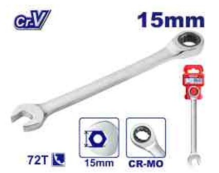Ratchet Spanner 15mm, 200mm Length, Cr-V, 72T Ratchet Gear, 12-Point, Chrome Plated Matt Finish